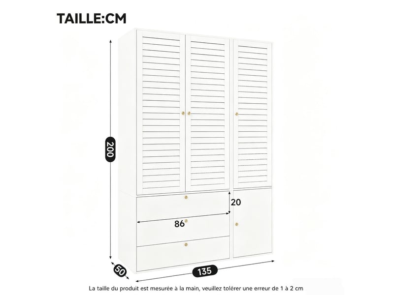 Armoire 3 portes à lamelles élégantes, 135 x 50 x 200 cm, 1 porte-pantalon, 2 tringles et 3 tiroirs, pour chambre et chambre d'enfant, blanc  - Conforama C