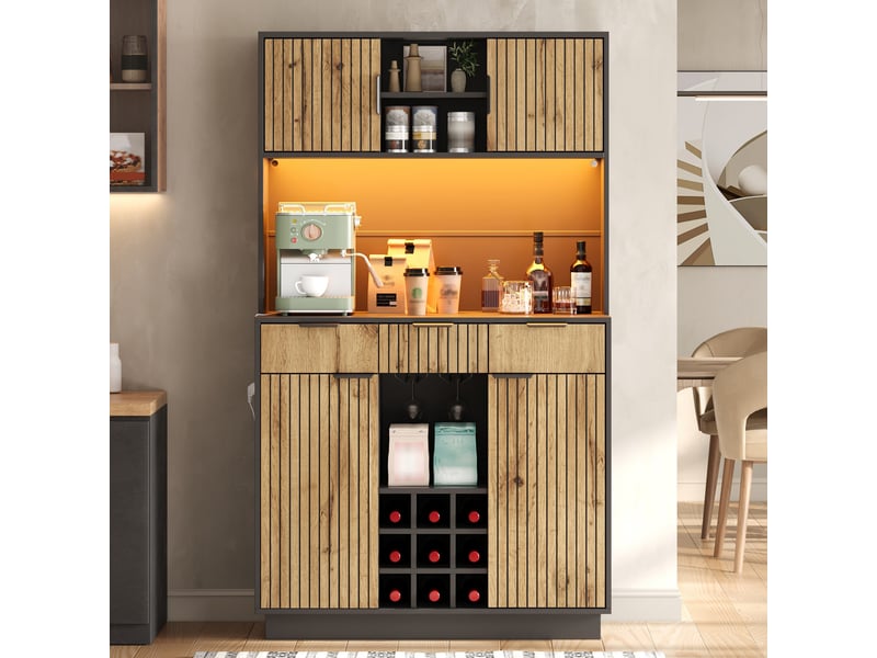  Armoire de cuisine meuble bar 105x40x180 cm - led et prises - 3 tiroirs - range-bouteilles - mdf - noir et bois naturel  - Conforama B