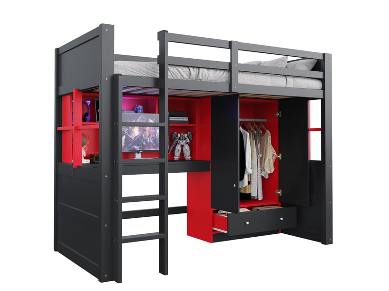  Lit mezzanine 90 × 200 cm avec bureau, armoire, tiroirs, rangements, led et prises, style gaming noir et rouge  - Conforama A