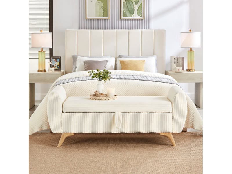  Banc de rangement pliable 145 x 51 x 45 cm beige en velours côtelé, avec pieds en bois pour l'entrée  - Conforama D