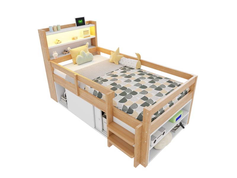 Lit enfant 90x200 cm avec rangements, portes coulissantes, led, usb, barrières, bois, bois naturel sans matelas - Conforama A