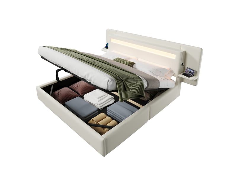  Lit coffre capitonné 180 x 200 cm - avec rangement coffre - table de chevet, port usb et led - mdf + lin - beige (sans matelas)  - Conforama A