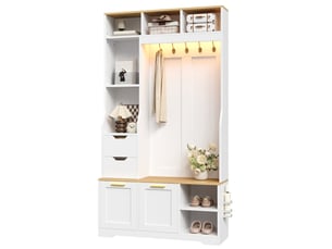 Vestiaire entrée avec meuble chaussures basculant, banc, patères métal et éclairage led piloté par appli, 103x32x186cm, blanc