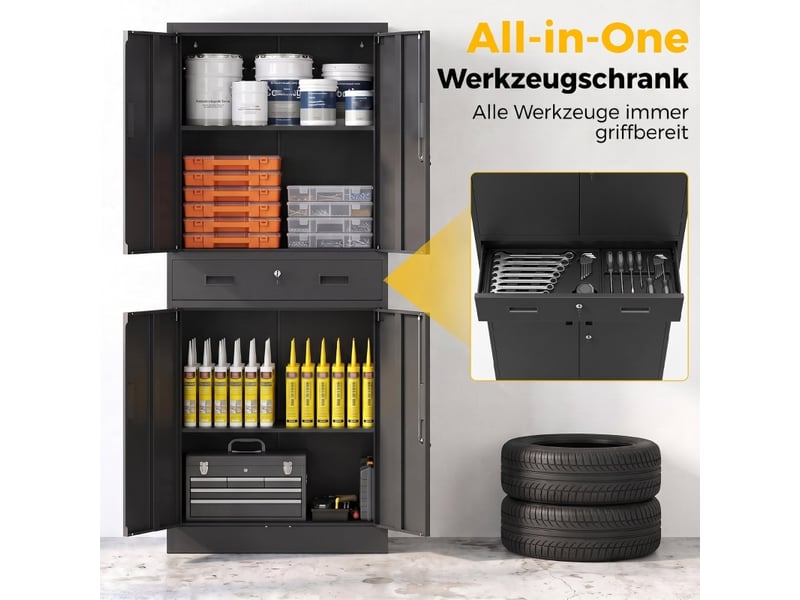 Armoire métallique 180 cm, armoire à outils avec portes verrouillables, tiroir et étagères réglables, noire - Conforama E