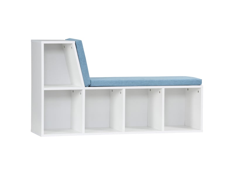  Bibliothèque banc 2 en 1 avec 5 compartiments de rangement et 2 coussins 108 x 30 x 60 cm blanc bleu  - Conforama A