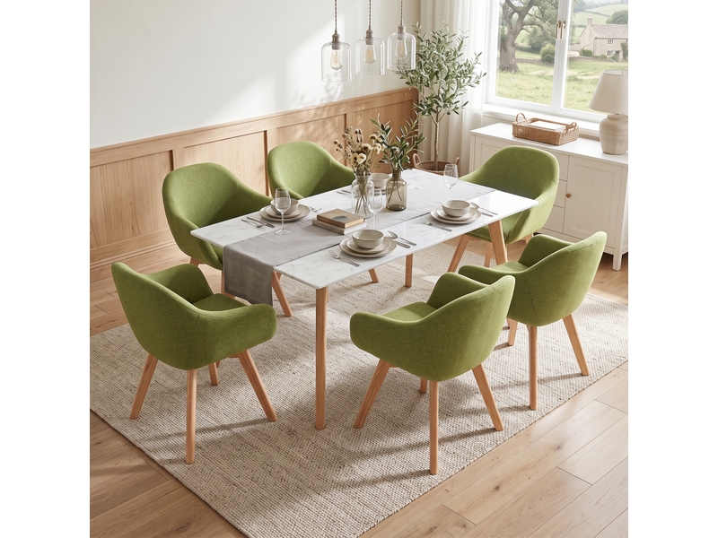  Lot de 6 chaises de salle à manger pivotantes à 360° – tissu effet lin respirant, pieds en bois massif - vert mousse  - Conforama A