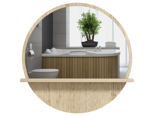 Miroir rond mural de salle de bain avec 1 étagère de rangement - ø 45 x 10h cm - panneau de particules