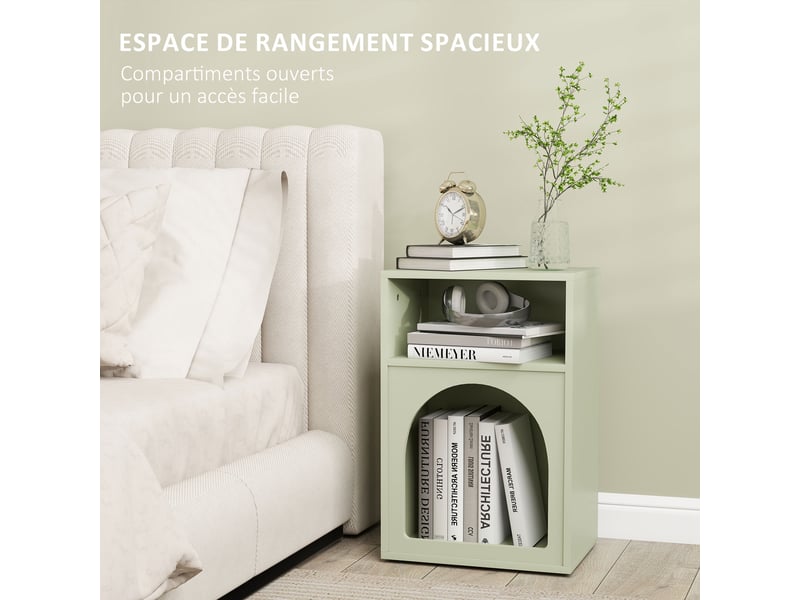  Lot de 2 tables de chevet, table de nuit avec compartiments ouverts, 40 x 30 x 60 cm, design arqué, vert clair  - Conforama E