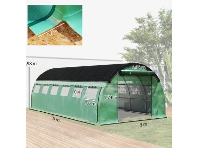  Serre tunnel 600x300x198 cm avec 12 fenêtres verte  - Conforama D