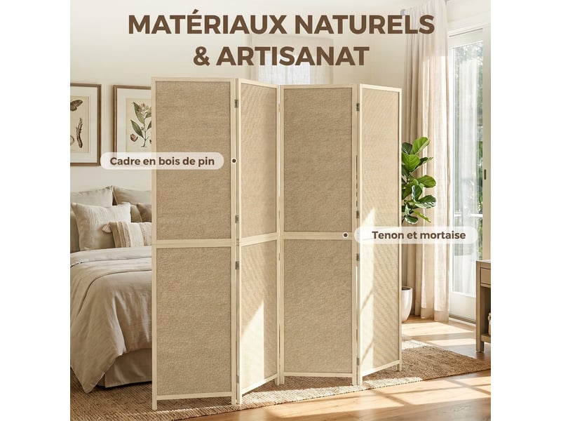  Paravent interieur en bambou 4 panneaux 180x180cm, séparateur de pièce pliable et portable, style bohème, bois naturel  - Conforama E