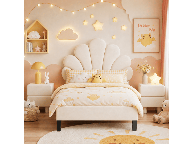  Lit enfant 90x200 avec sommier à lattes - lit rembourré 1 places avec tête de lit en forme de fleur - lit rembourré avec tête de lit florale réglable - 1 place - lit simple avec tête de lit fleur réglable en hauteur - 1 personne…  - Conforama W