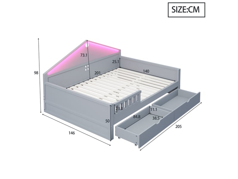  Lit enfant 140x200 cm avec sommier, led contrôlée par smartphone et 2 tiroirs gris  - Conforama C