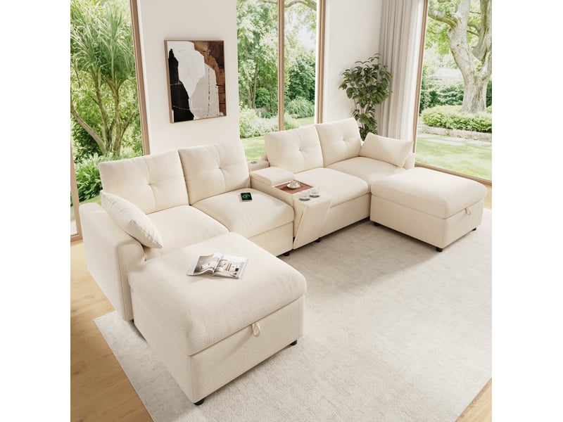  Canapé d'angle modulaire 316x140 cm avec 2 poufs de rangement, console centrale, chenille, bois, beige  - Conforama B