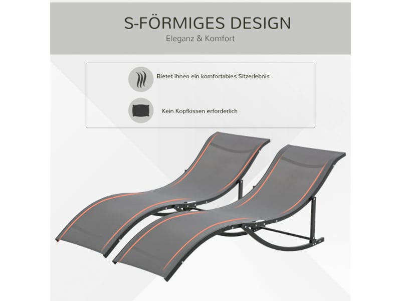  2 transats de jardin gris foncé, pliables, ergonomiques, aluminium, textilène, 165 x 61 x 63 cm  - Conforama B