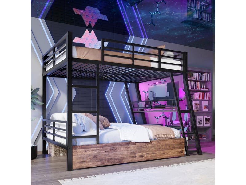  Lit mezzanine 140 x 200cm sans matelas, structure métal, led, tiroirs, bureau, échelle, noir  - Conforama E