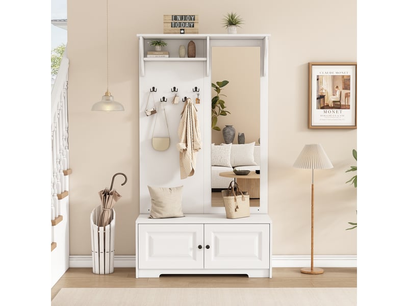  Vestiaire d'entrée avec miroir, porte-manteau d'entrée moderne avec banc à chaussures et 5 patères, mdf 100x40x180cm, blanc  - Conforama R