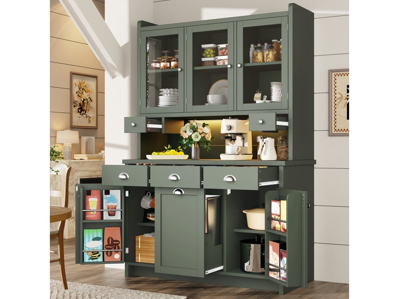 Buffet de cuisine haut led avec 3 portes vitrées, 3 tiroirs et étagères réglables, en mdf, vert, 120 × 40 × 180 cm - Conforama B