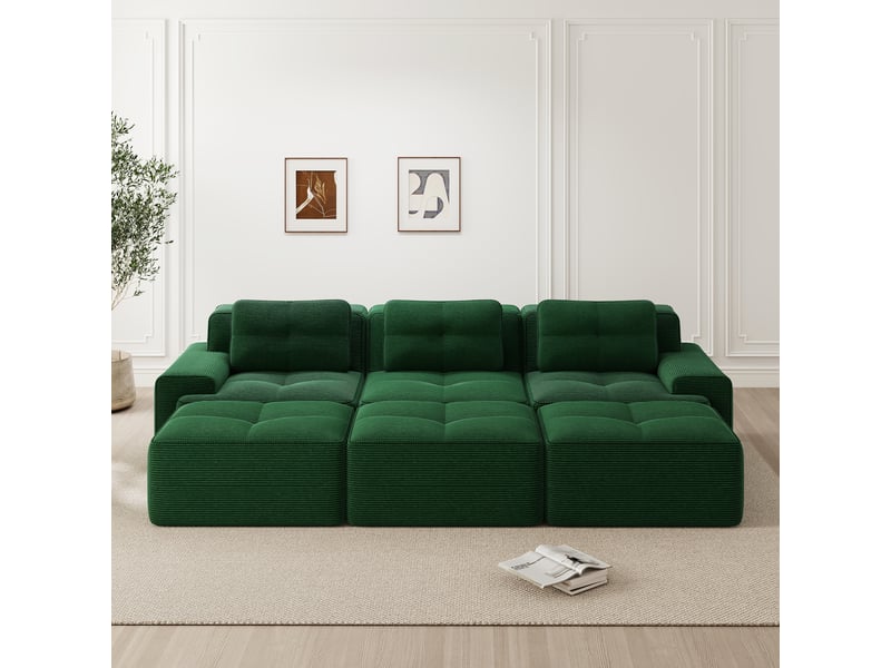 Canapé modulaire 3 places convertible avec 3 poufs - lpospi - accoudoirs larges, velours côtelé vert - Conforama B