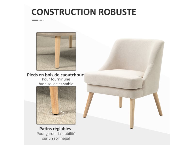  Fauteuil en tissu aspect lin et bois massif beige 63x69x79,5 cm  - Conforama E