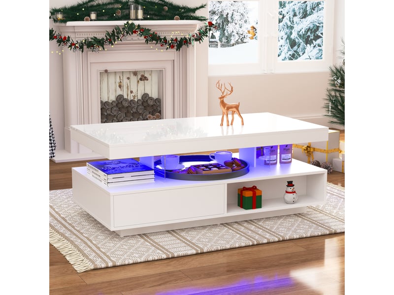  Table basse blanche laquée avec led bluetooth, 4 plateaux en verre et 2 tiroirs, 95x50x42,5 cm, bois, blanc  - Conforama D
