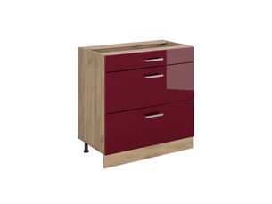 Vicco meuble cuisine, rouge brillantchêne doré, 80cm avec 3 tiroirs sans plan de travail