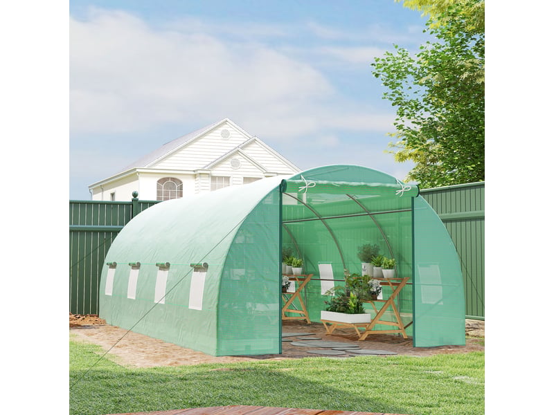  Serre tunnel avec porte enroulable et 8 fenêtres, serre de jardin avec couverture en pe et structure en acier, 6 x 3 x 2 m, verte  - Conforama C