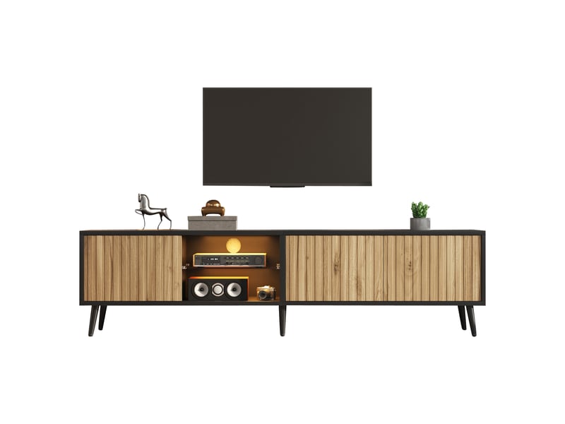  Meuble tv led 175x31x43,5 cm avec 3 portes, verre trempé et 6 pieds, grand rangement, bois naturel evarich - Conforama A