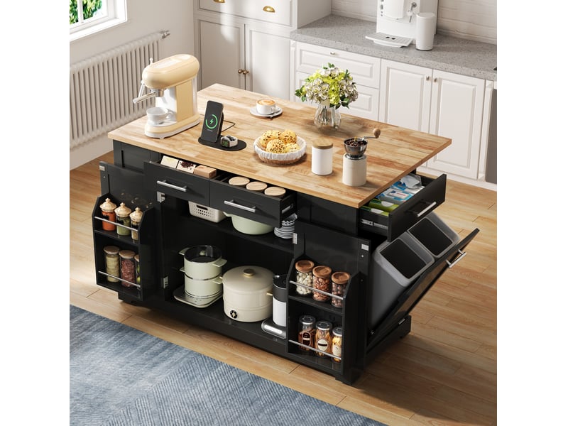 Desserte de cuisine avec plateau rabattable, prises et espace poubelle, rangements, noir et bois, 138 × 86 × 92 cm  - Conforama B