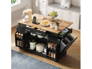 Desserte de cuisine avec plateau rabattable, prises et espace poubelle, rangements, noir et bois, 138 × 86 × 92 cm