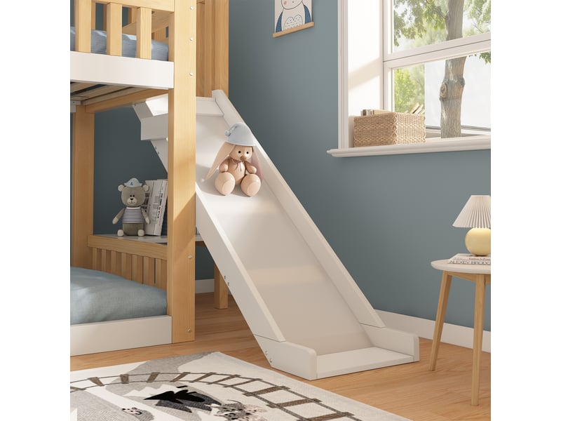  Lit superposé enfant 90x200 - bois avec toit à pignon - toboggan 35 cm, étagère rangement et garde-corps sécurité - blanc naturel  - Conforama D