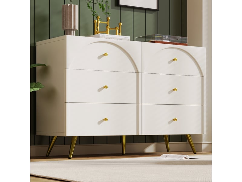  Commode avec 6 tiroirs à façades cintrées, pied réglable pour chambre en bois et métal, 120×40×85 cm crème et blanc  - Conforama B