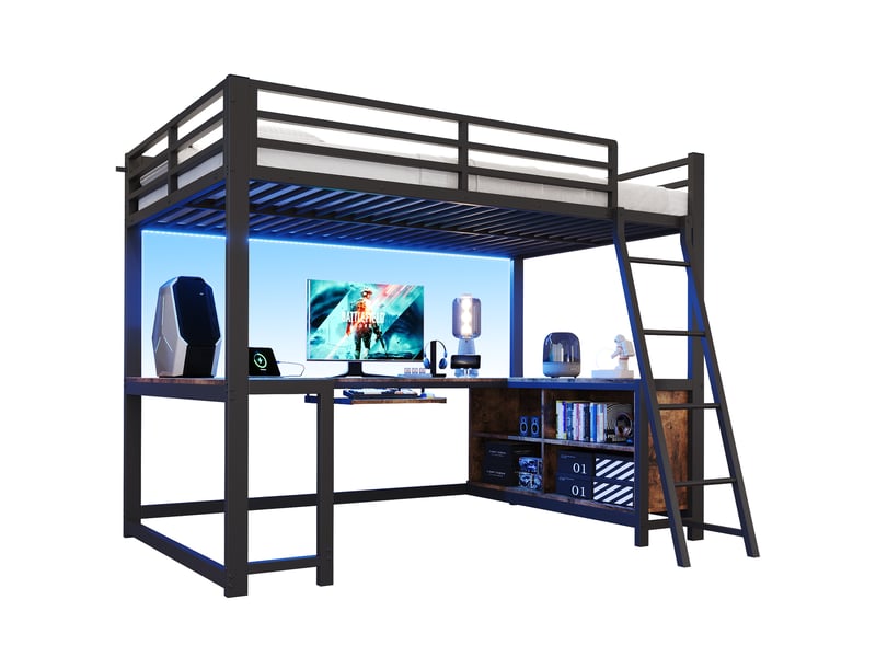  Lit mezzanine modenvie 120 x 200 cm avec bureau led prise ue métal noir décor bois  - Conforama A