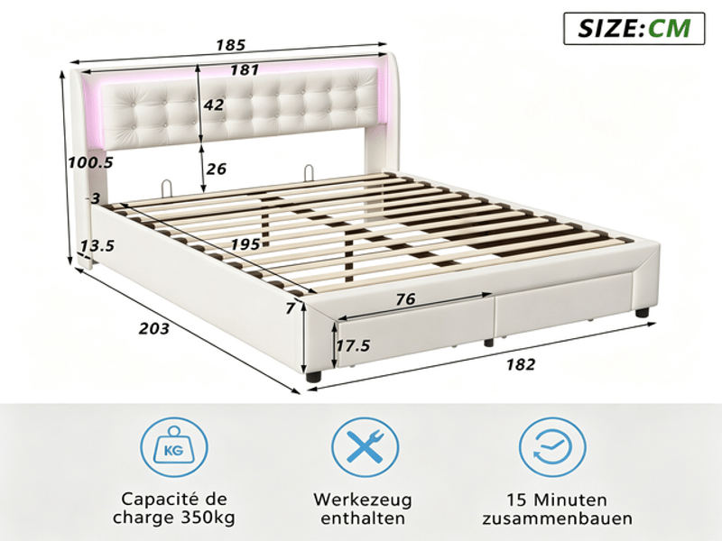  Lit coffre 180x200 cm ezssw, coloris beige  - Conforama C