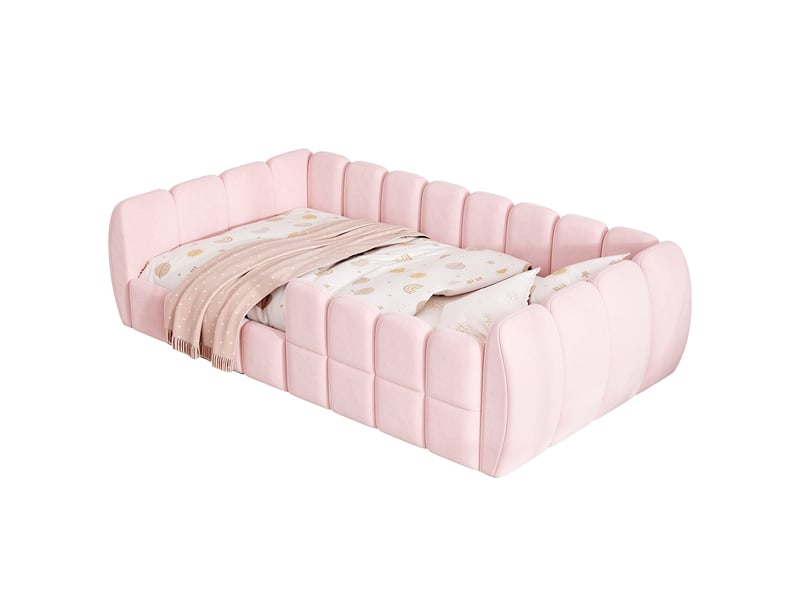  Lit rembourré pour enfant 90 x 200 cm – velours – coins arrondis – rose (matelas non inclus)  - Conforama A