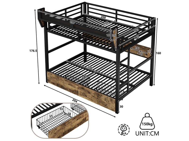  Lit superposé 140x200 cm avec 2 tiroirs, lit enfant avec led et panier de rangement, mdf et métal, noir, sans matelas  - Conforama C