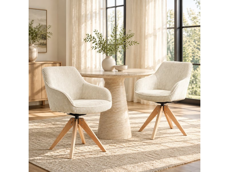  Chaise de salle à manger lot de 2 pivotante avec accoudoirs, assise en velours crème, pieds en bois massif, hauteur 84 cm  - Conforama B