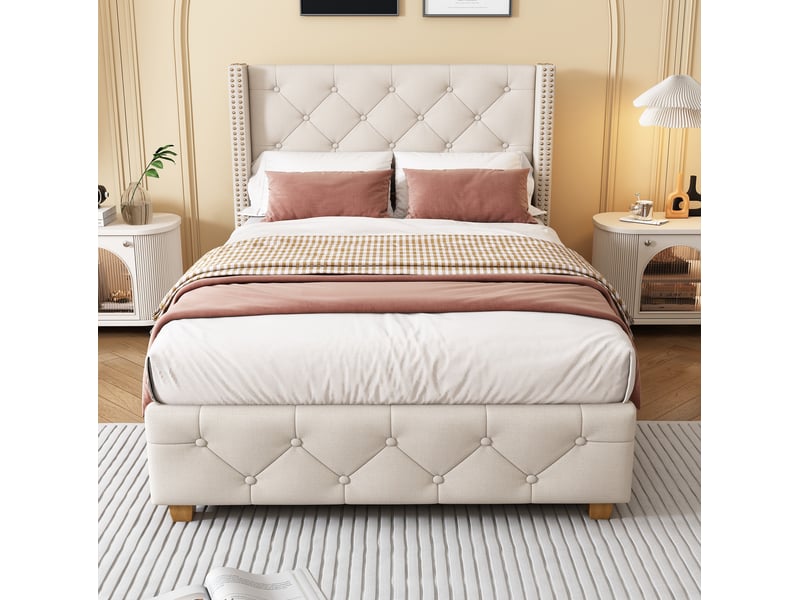  Modenvie lit capitonne 90x200 cm - tete de lit a ailes, capitonnage a boutons - sommier inclus, beige  - Conforama D