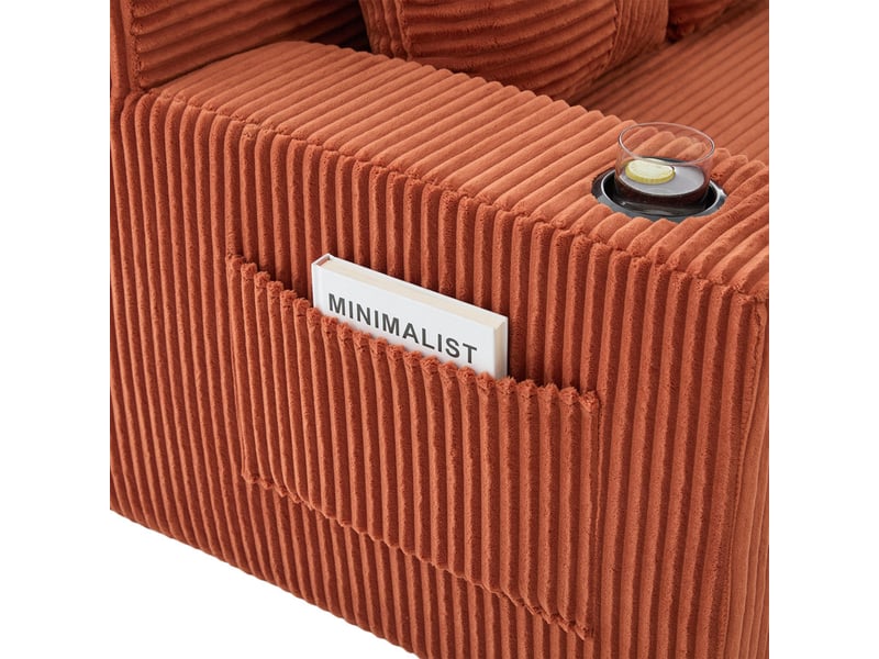  Canapé compact 2 places en velours côtelé, 2 coussins, porte-gobelet et poches latérales, 151 × 133 × 64 cm, orange YXY-0915-2 - Conforama E