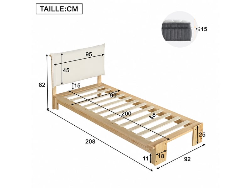  Lit enfant en bois et tissu, lit simple avec dossier rembourré fixé par velcro et pieds larges, 90x200 cm, sans matelas  - Conforama D