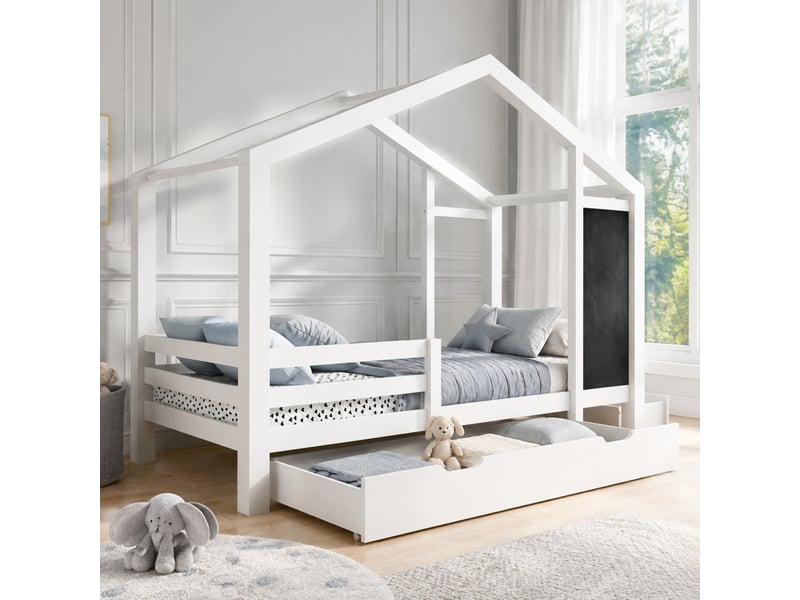  Lit enfant cabane 90x200 cm blanc avec tableau et 2 tiroirs  - Conforama D