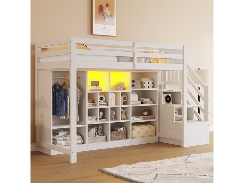  Lit mezzanine blanc 90x200 cm avec rangements intégrés : placard, étagères, échelle et led  - Conforama B