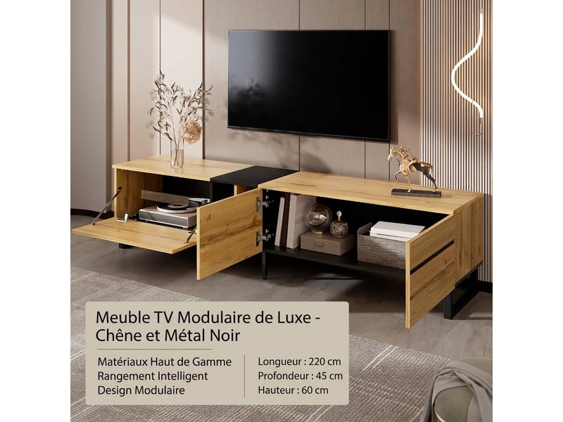  Meuble tv bois 180 cm avec rangements et portes rabattables, design minimaliste  - Conforama B