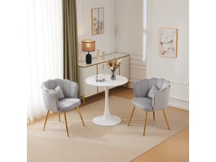Lot de 2 fauteuils modernes en velours, dossier pétale, pieds métal doré et coussins papillon