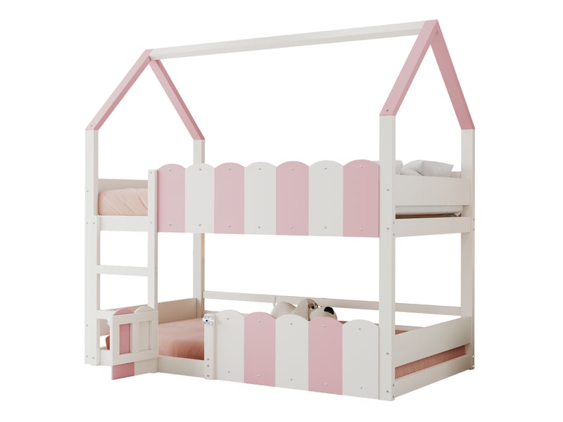 Lit superposé enfant 90 x 200 cm maison, sommier à lattes supérieur rose et blanc - Conforama A