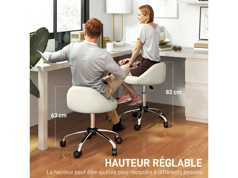  Tabouret à roulettes de travail pivotant 360° avec hauteur réglable 53-73 cm et revêtement synthétique blanc  - Conforama E