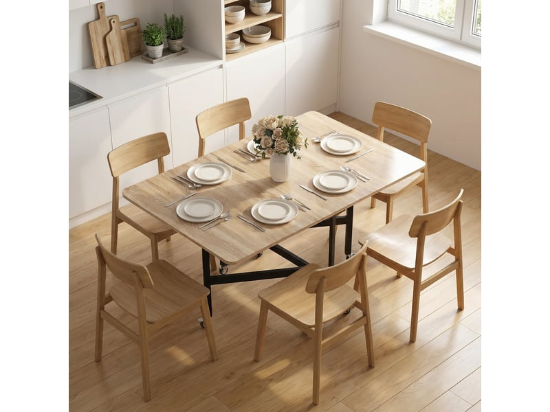  Table pliante pour 4 à 6 personnes avec 2 rabats et roulettes avec freins, 120 x 80 x 73 cm, chêne  - Conforama D