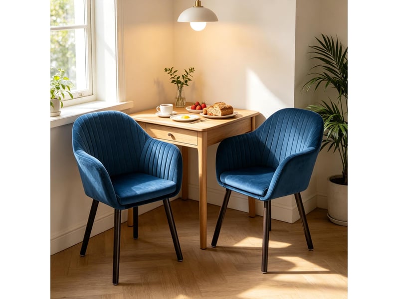  Lot de 2 chaises de salle à manger avec accoudoirs en velours bleu et noir  - Conforama D