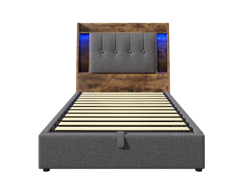  Lit rembourré gris 90x200 cm avec rangement, usb-c et led  - Conforama A