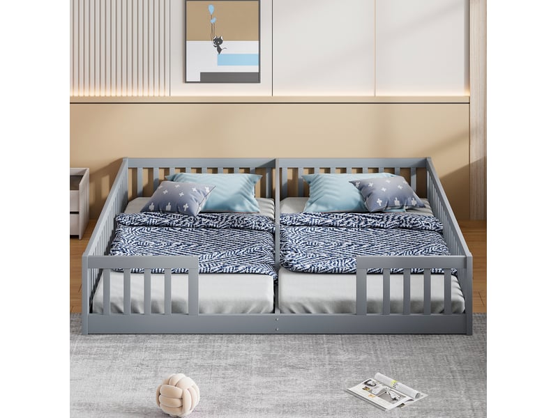 Lit enfant double au sol 2 x 90 x 200 cm avec barrières, gris, sans sommier à lattes - Conforama D