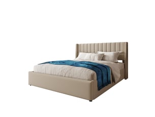 Lit coffre adulte 140x200 cm, lit double avec rangement, tête de lit et sommier, lin beige, matelas inclus